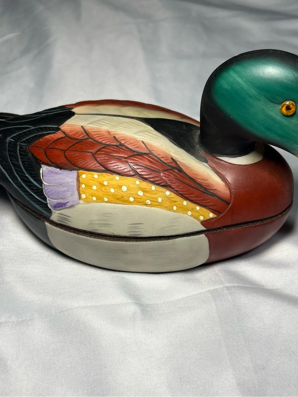 Vintage Mallard Duck Ceramic Trinket Box Hand Painted Felt Lined Jewelry Decor
